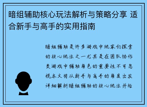暗组辅助核心玩法解析与策略分享 适合新手与高手的实用指南